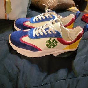 Tori Burch Sneakers New in Box Good Luck Trainer Maroon, Navy, Tan & Green.